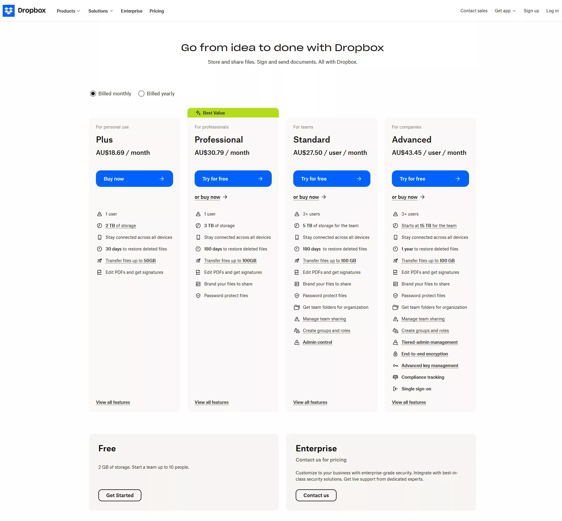 dropbox pricing page