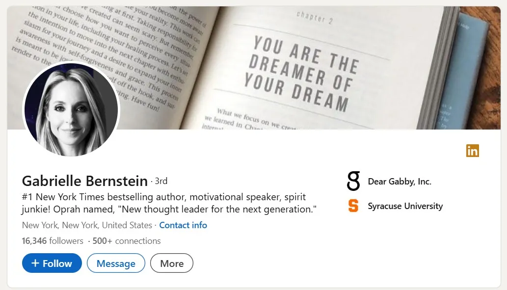 Gabrielle Bernstein LinkedIn - Share Helpful Articles or Books to Strengthen Your Strategy