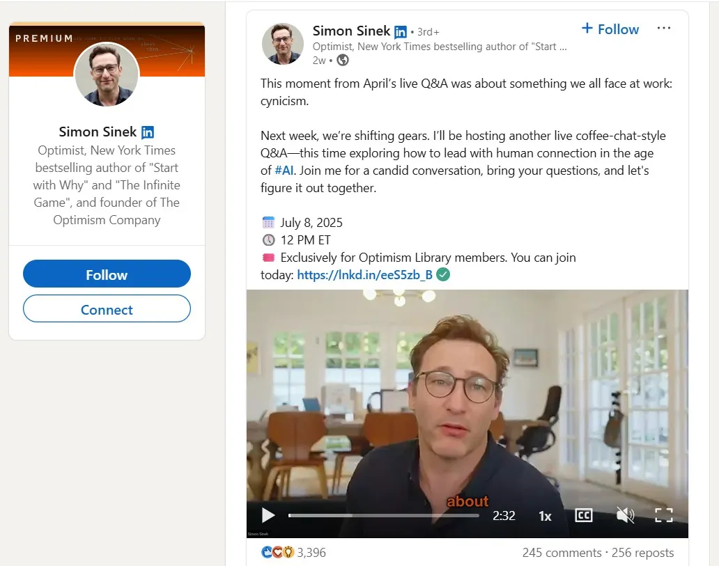 Simon Sinek LinkedIn - Ask Questions to Spark Conversation and Deepen Strategy Impact