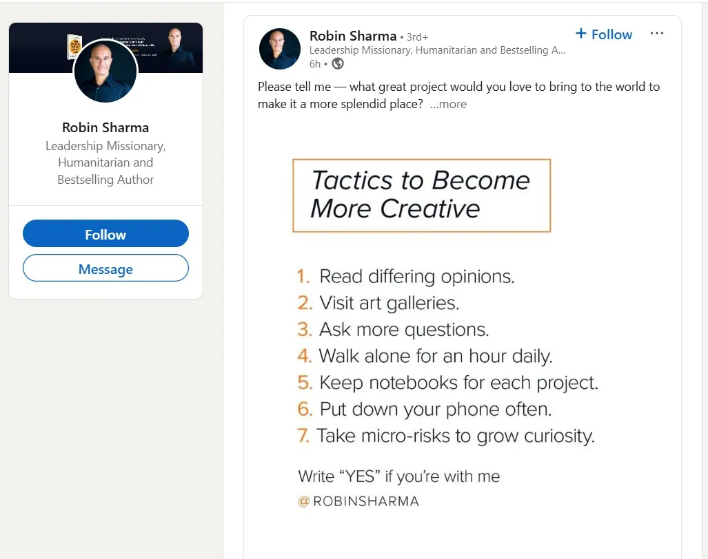 Robin Sharma LinkedIn - Use Images and Infographics to Make Strategy Visually Engaging