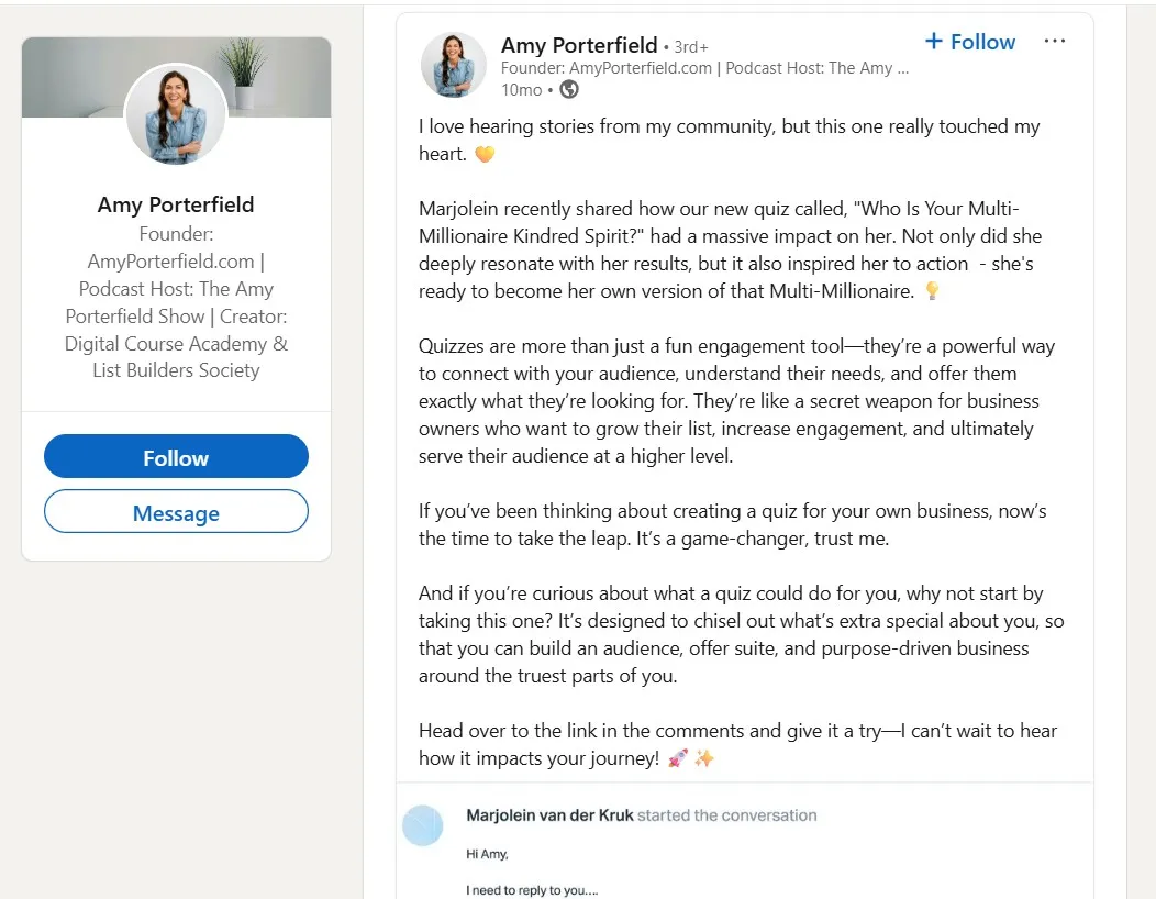 Amy Porterfield LinkedIn - Share Real Client Stories to Build Trust and Authority