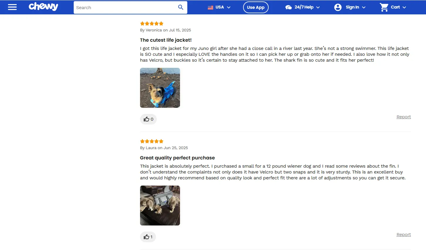 Chewy customer reviews with dog pictures.