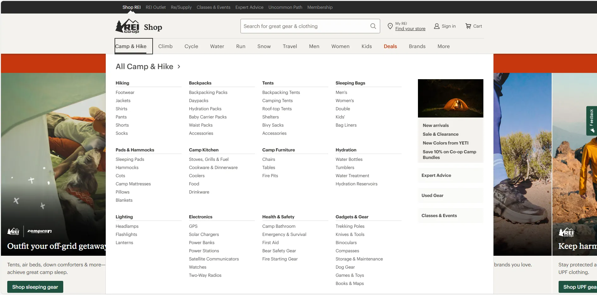 REI Camp & Hike Item Categories