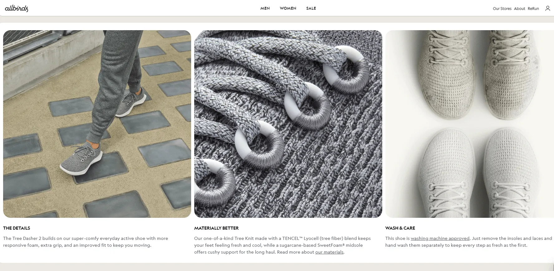 AllBirds sneaker details, materials, and wash & care instructions.
