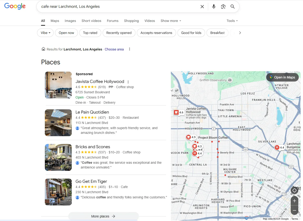 Google search results for cafe near Larchmont, Los Angeles.