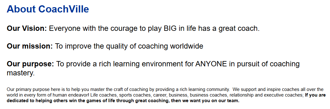 About CoachVille Vision, Mission and Purpose