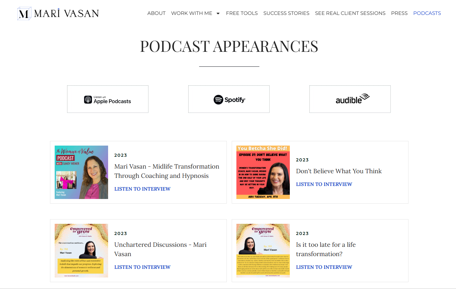 Mari Vasan coaching website with podcast appearances as social proof example