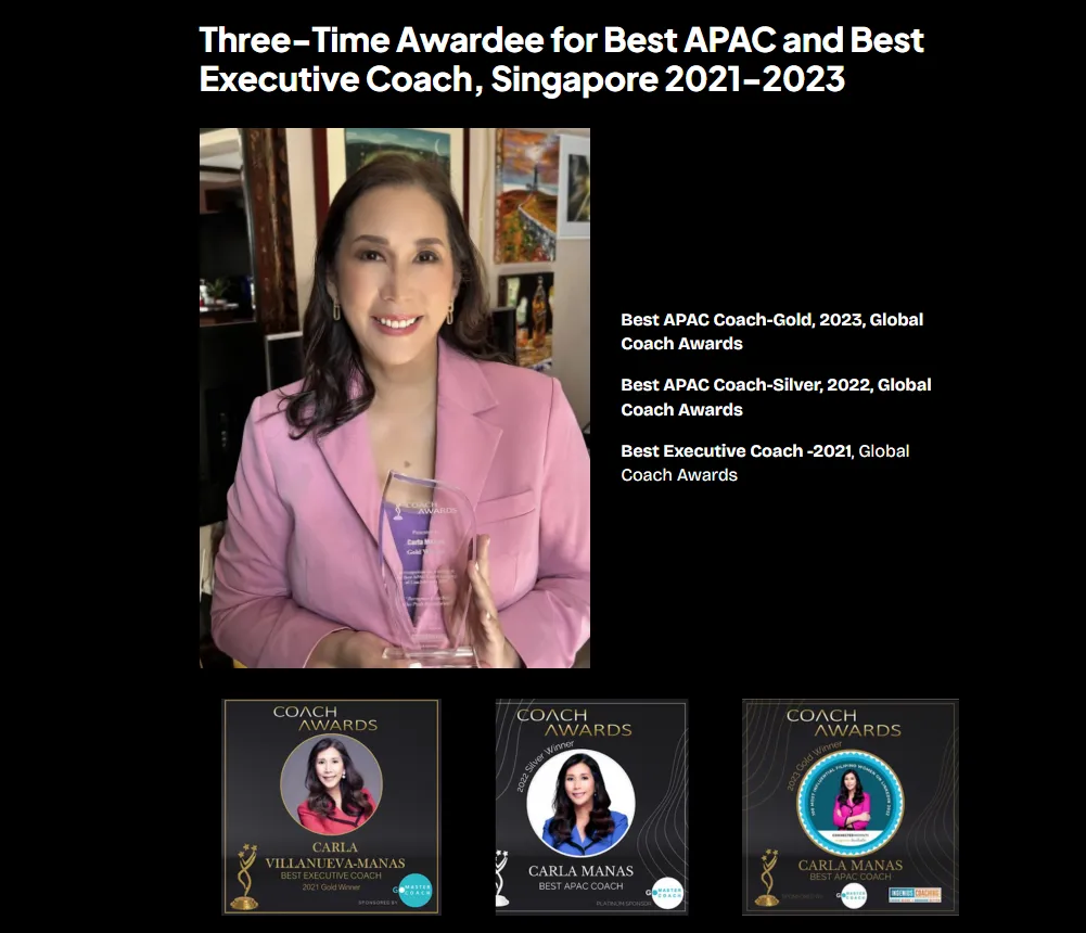 Carla V Manas coaching website with trust badges and awards as social proof example