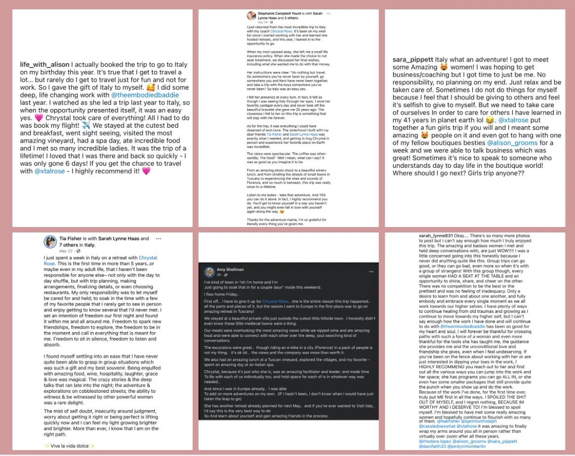 Chrystal Rose coaching website with UGC as social proof example