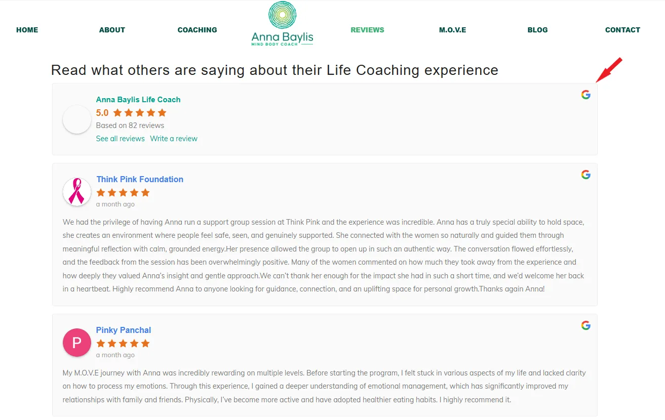 Anna Baylis coaching website with Client Reviews on Google as social proof example