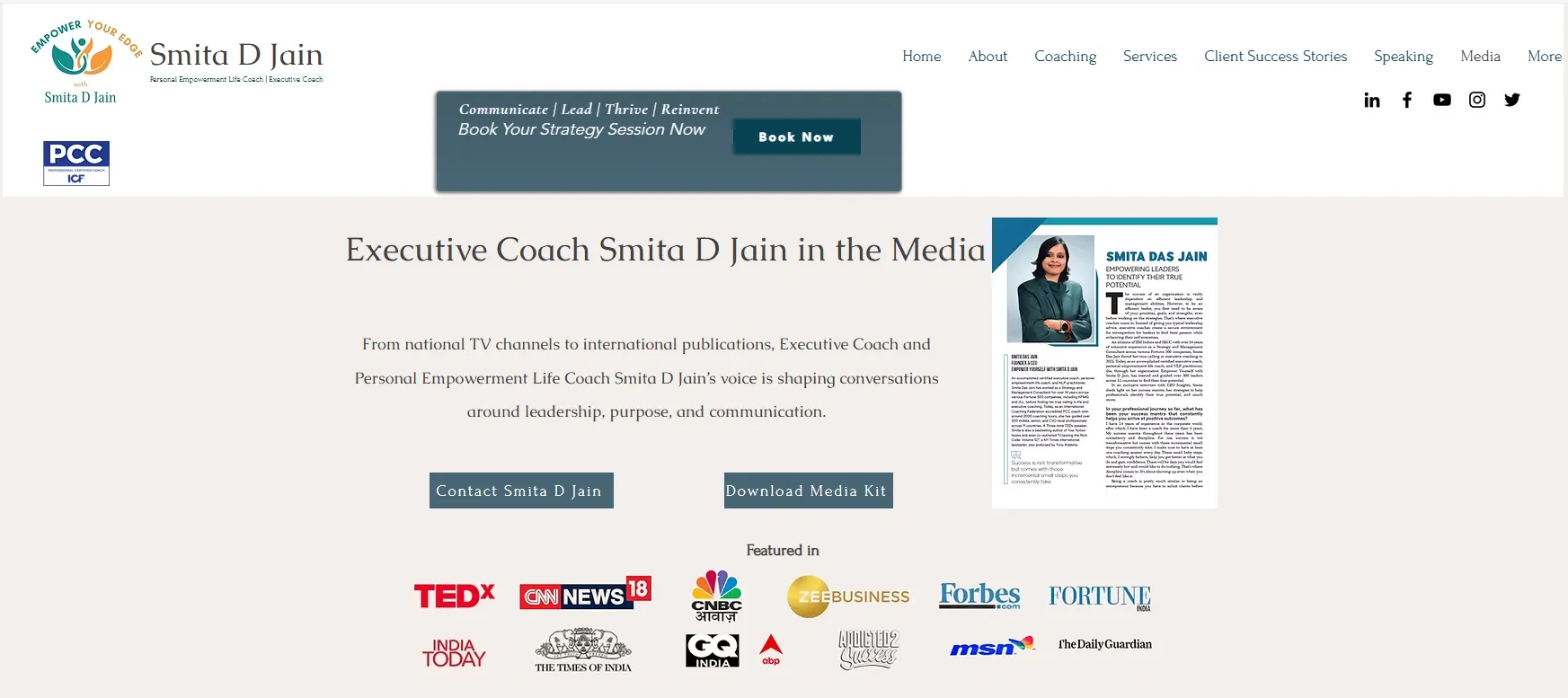 Smita D Jain coaching website with media mentions as social proof example